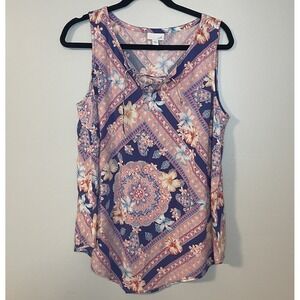 J Jill Hibiscus Floral‎ SCARF PRINT TANK Lace-Up Neck Lightweight Rayon Top M